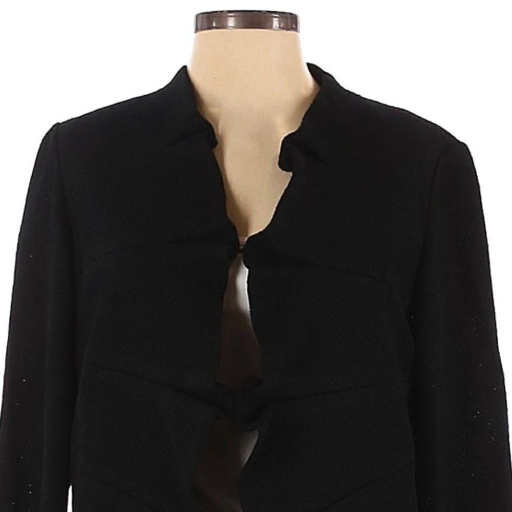 Ming Wang Textured Knit Ruffle Trim Open Front Blazer Jacket Black M Career Chic - Picture 3 of 9